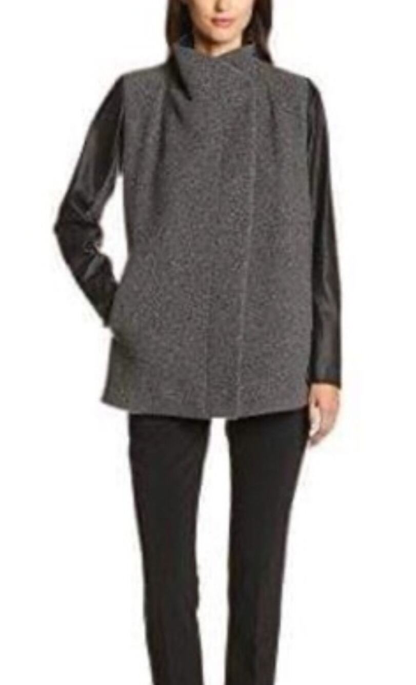 Theory Naomo grey wool and black leather high neck asymmetric coat Sz S Minimal